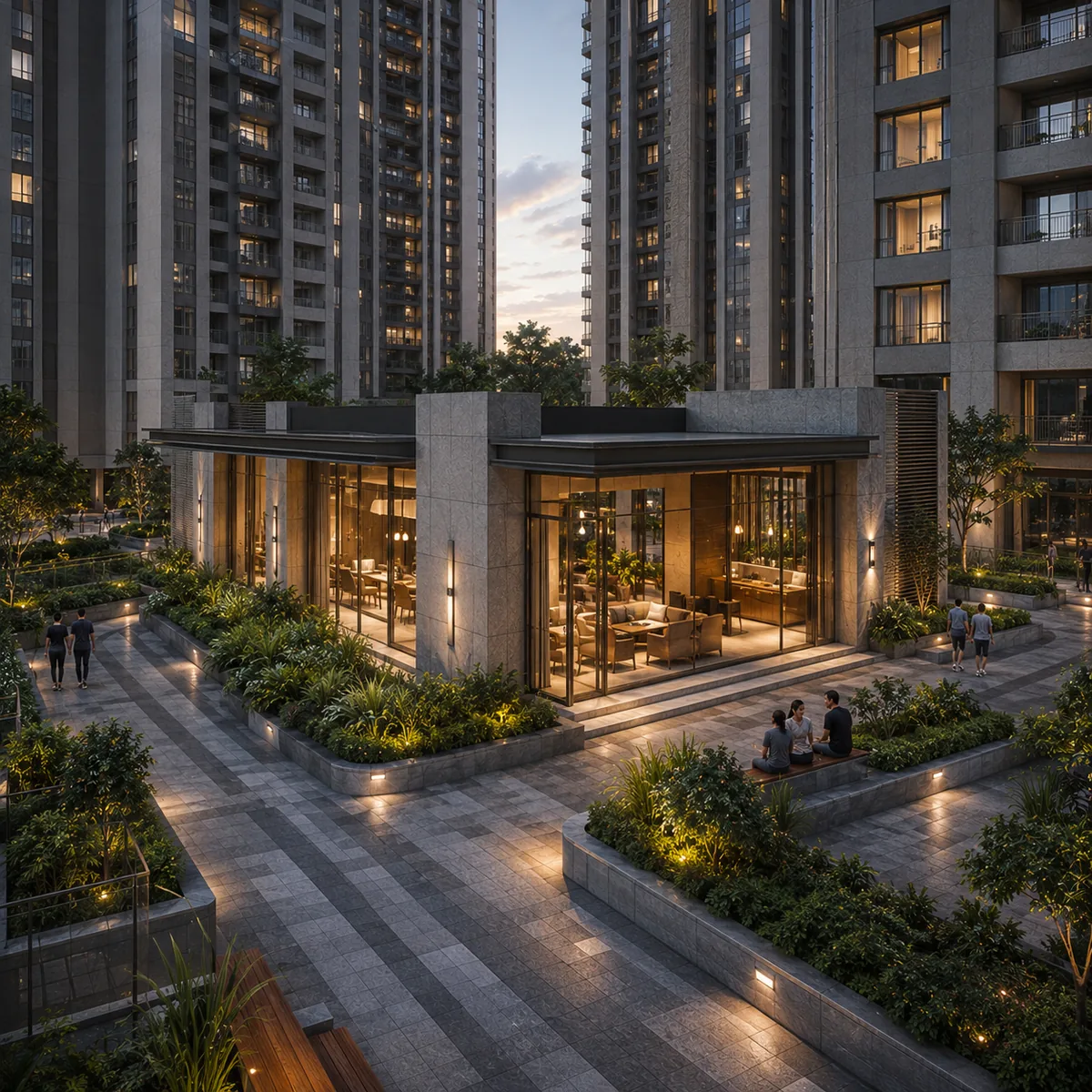 Pride Tumkur Road indicative standalone clubhouse set within the podium landscape at Doddabidarakallu, Nagasandra