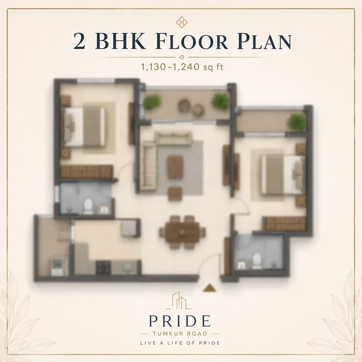 Pride Tumkur Road 2 BHK apartment floor plan, indicative 1,130 to 1,240 sq ft