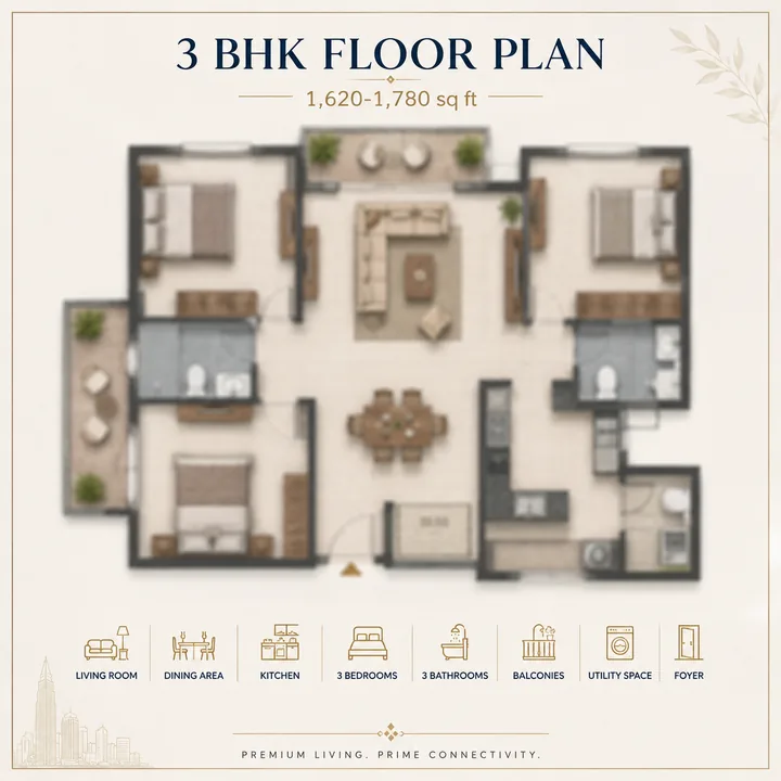 Pride Tumkur Road 3 BHK apartment floor plan, indicative 1,620 to 1,780 sq ft