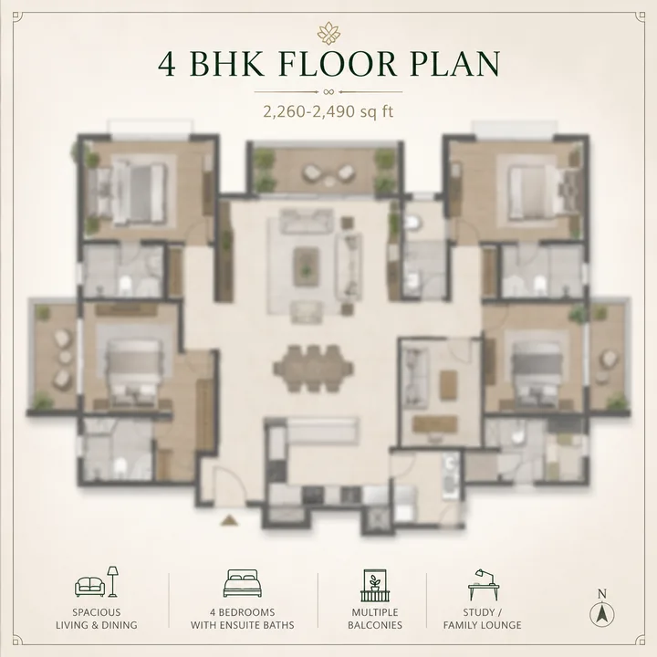 Pride Tumkur Road 4 BHK apartment floor plan, indicative 2,260 to 2,490 sq ft