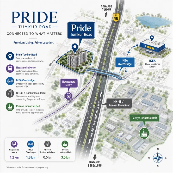 Pride Tumkur Road location map at Nagasandra on NH-48, showing Nagasandra Metro, the IKEA foot overbridge and the Peenya industrial belt